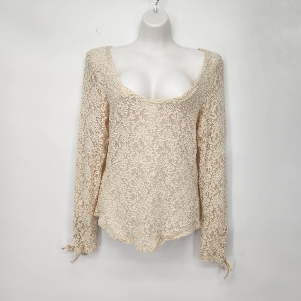 Anthropologie Beige Lace Scoop Neck Top Long Sleeve Boho Stretch Women's M